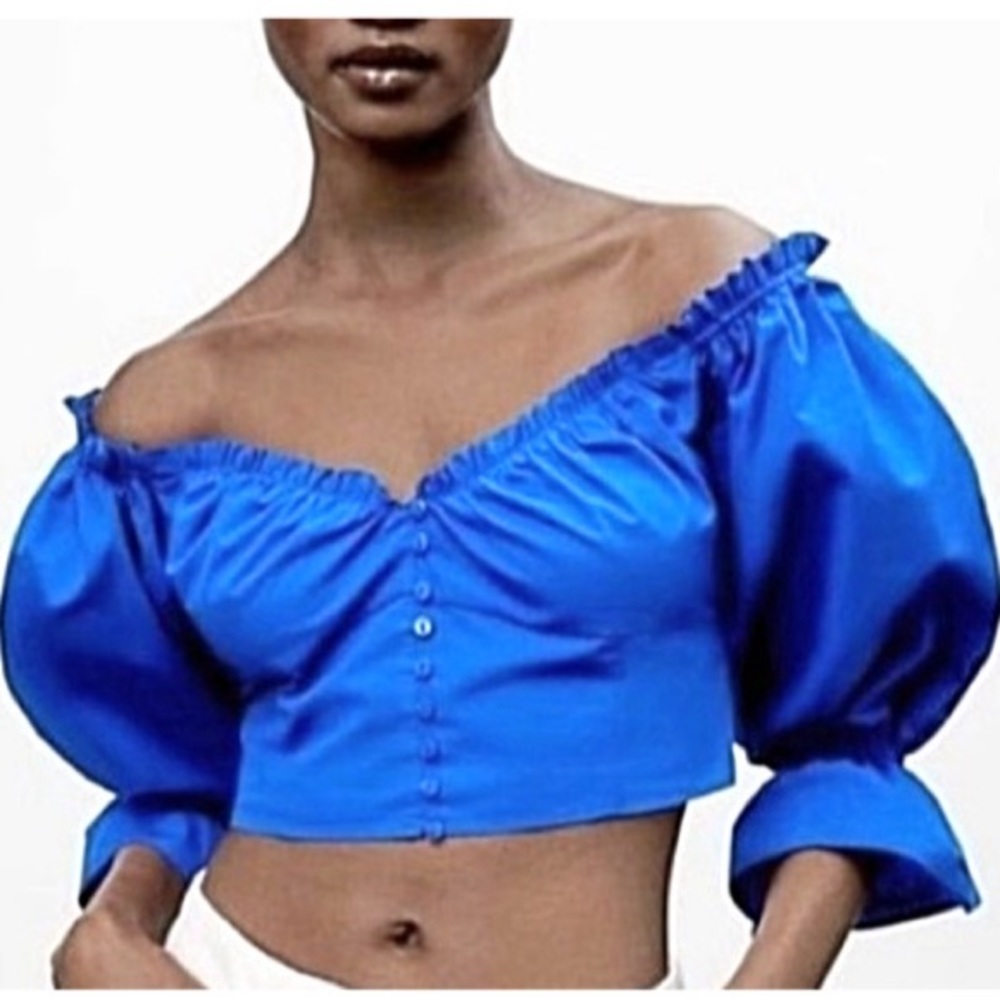 NEW Zara Blouse Poplin Crop Top Sea Blue Color Blouse NWT Size S